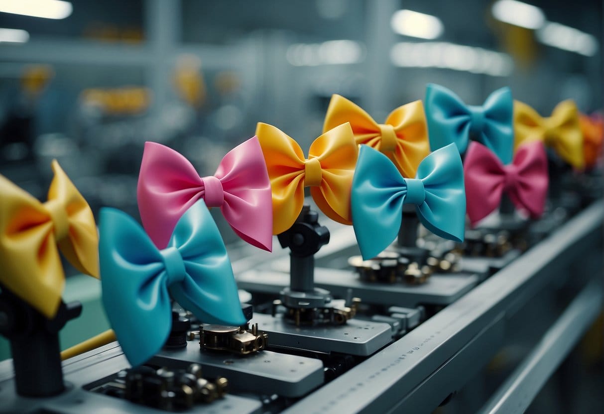 A futuristic hair bow manufacturing plant with robotic arms assembling colorful bows