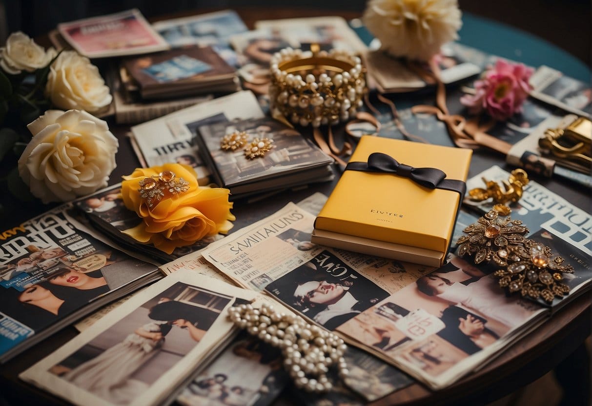 A table with vintage hair accessories, including the first hairbows, surrounded by fashion magazines and images of influential figures