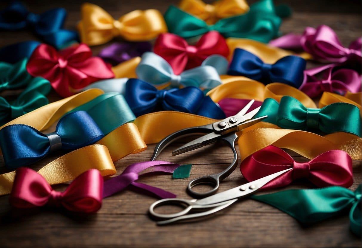 A table scattered with colorful ribbons, scissors, and glue. A step-by-step guide to making hair bows lies open next to a finished bow