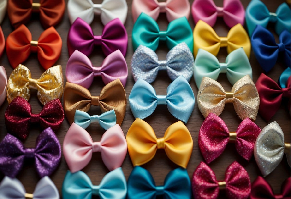 A colorful array of hairbows in various sizes and patterns, displayed on a sleek, minimalist backdrop