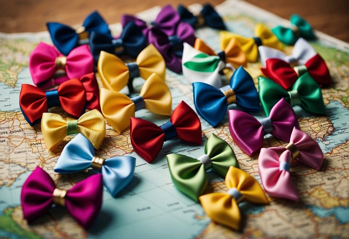 Colorful hair bows from different cultures displayed on a map of the world