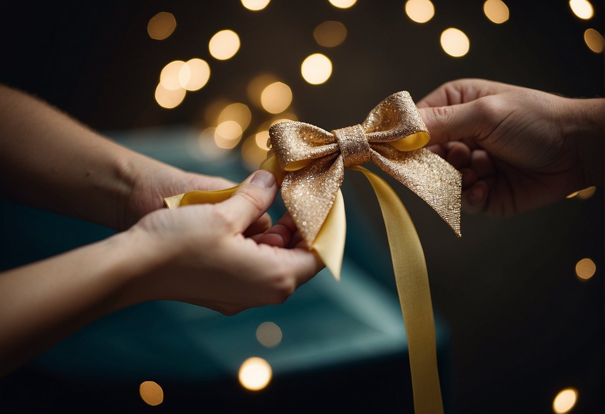 A pair of hands carefully ties a ribbon into a bow, securing it to a hair accessory