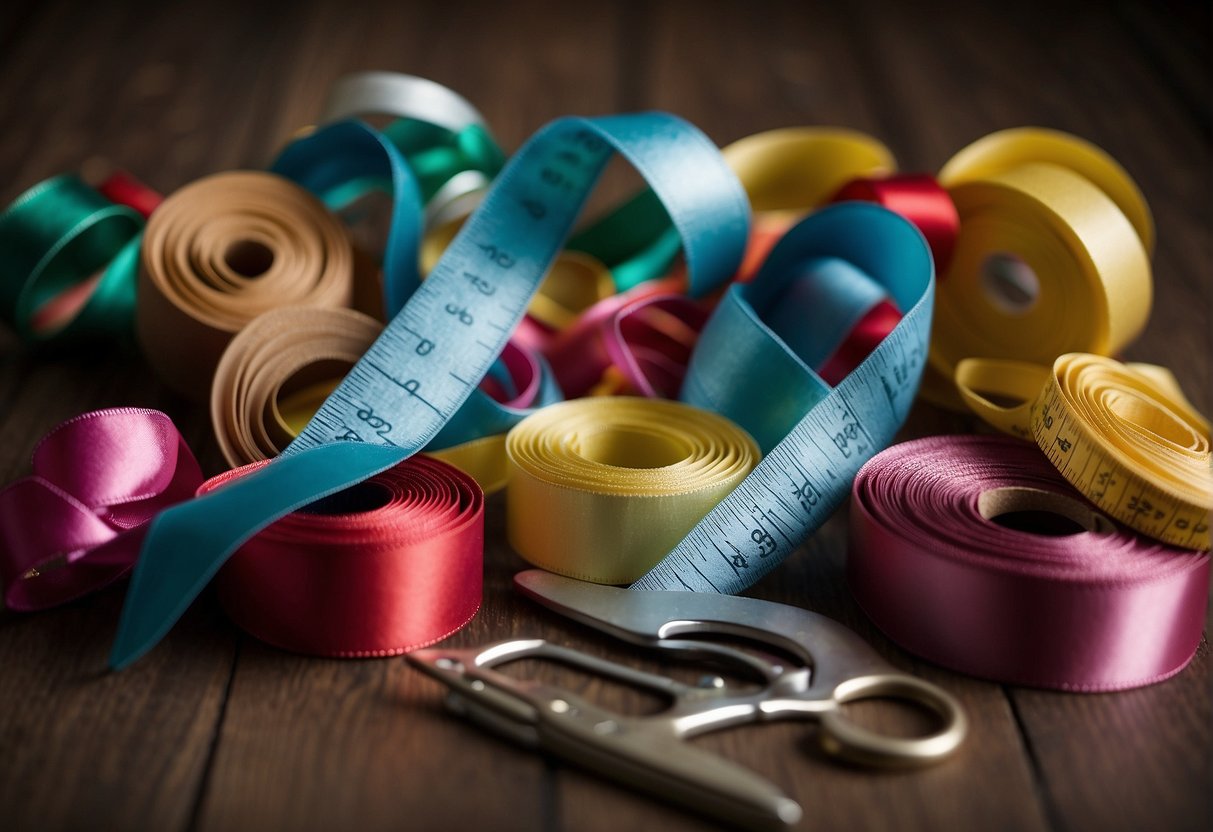 A table with ribbon rolls, scissors, and a ruler. Hands tying bows with ribbon. Hair clips and glue nearby