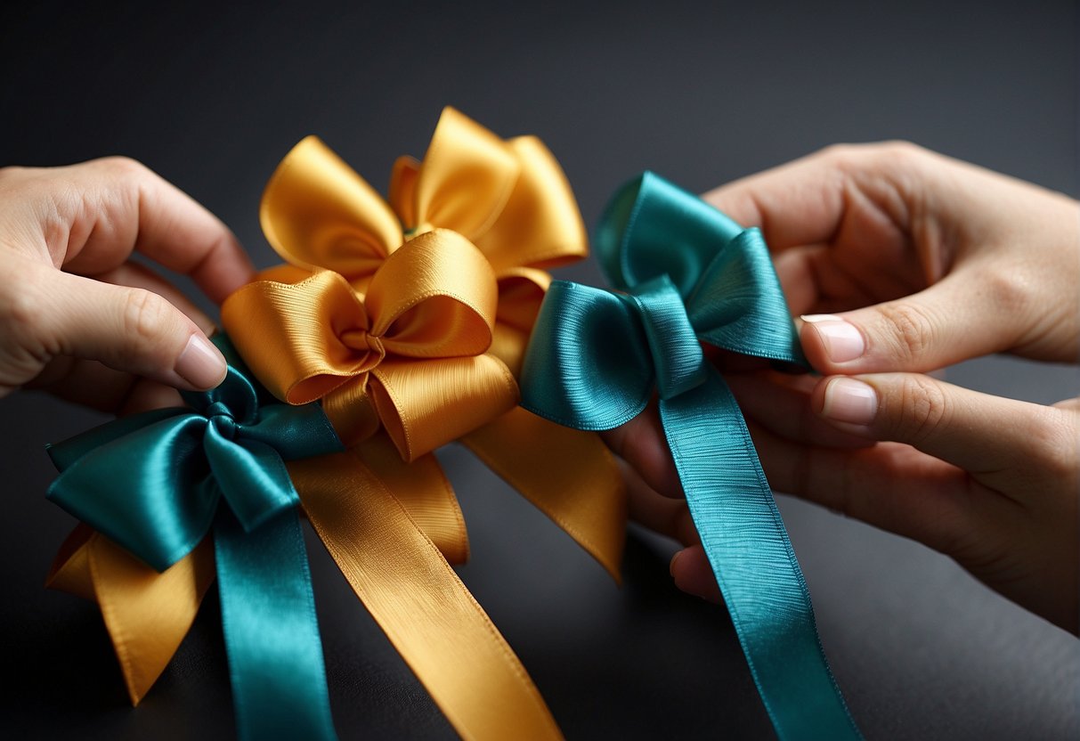 A pair of hands carefully tying and shaping colorful ribbon into elegant bows for hair accessories