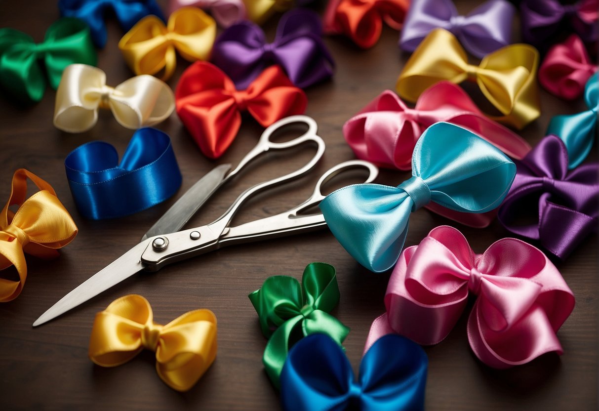 A table with various ribbons and scissors. Step-by-step folding instructions for different bow styles. Hair accessories displayed nearby