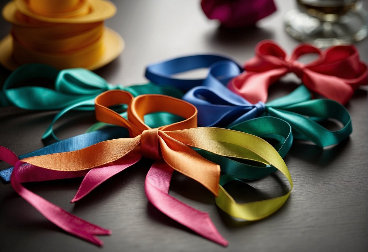 A table with colorful ribbons, scissors, and a step-by-step guide. A finished bow displayed on a hair accessory