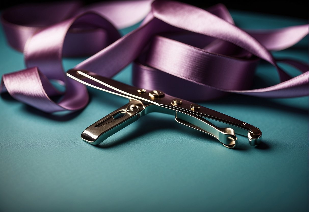 Ribbon being folded, looped, and tied into bows for hair accessories. Safety scissors and heat-sealing tool on a clean, flat surface