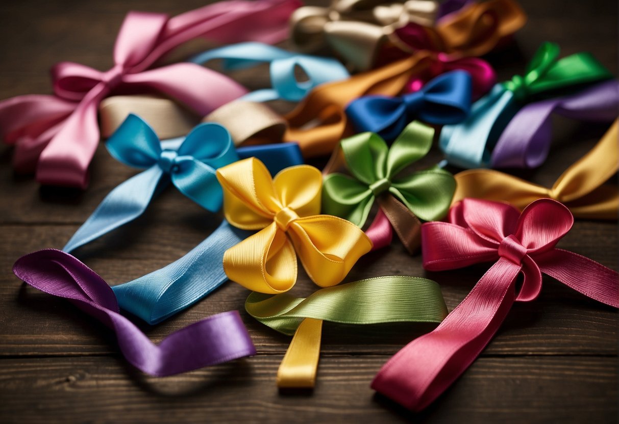 A table with various ribbons, scissors, and a step-by-step guide on making hair bows