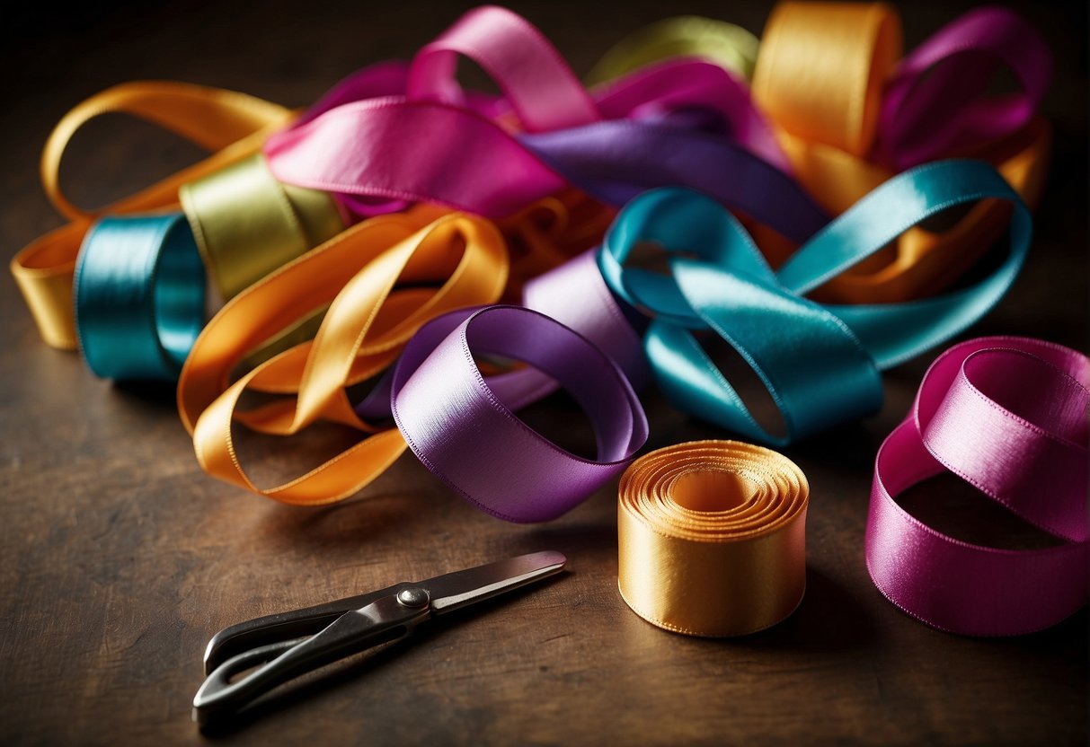 A table with various colored ribbons, scissors, and a step-by-step guide on how to make bows for hair