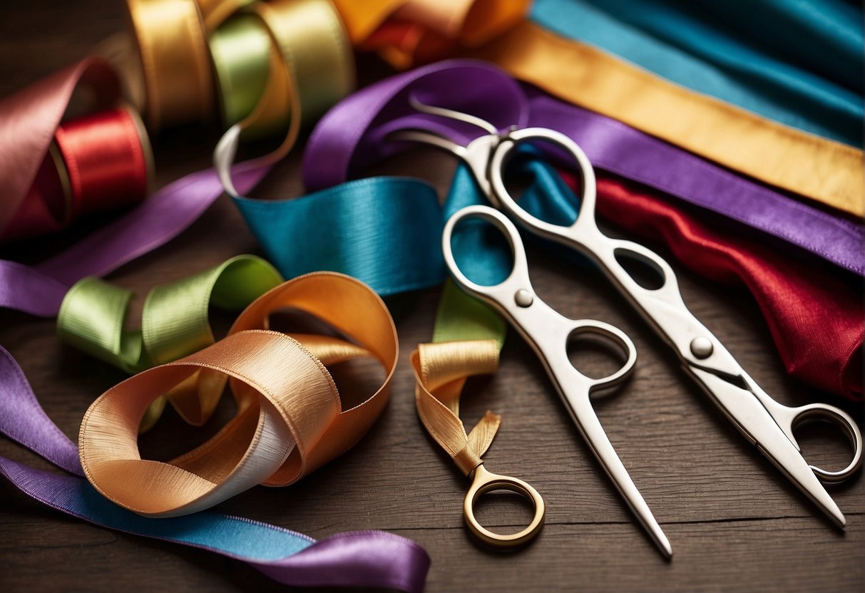 A table with various fabrics, ribbons, and embellishments arranged for making hair bows. Scissors, glue, and a ruler are nearby