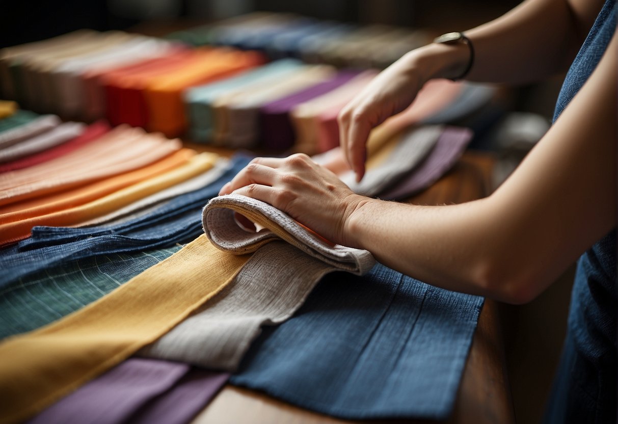 A hand reaches for various fabric swatches, measuring and positioning them for a hair bow design