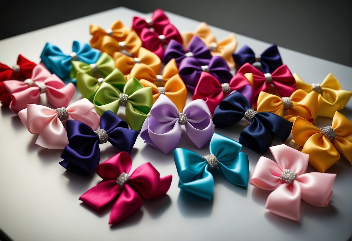 A table with various hair bows in different sizes and colors, neatly arranged. A comb and brush are nearby, indicating care and maintenance