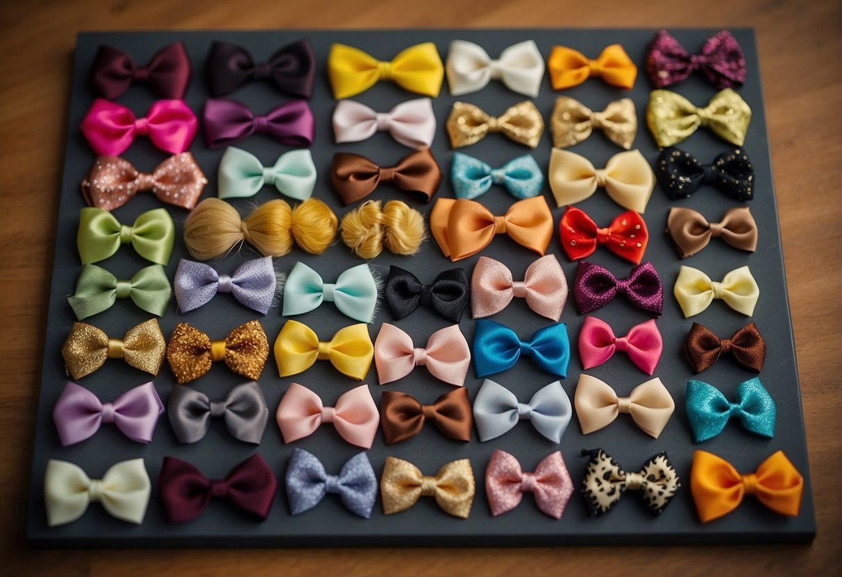 Various hair bow types arranged by size and placed on a display board