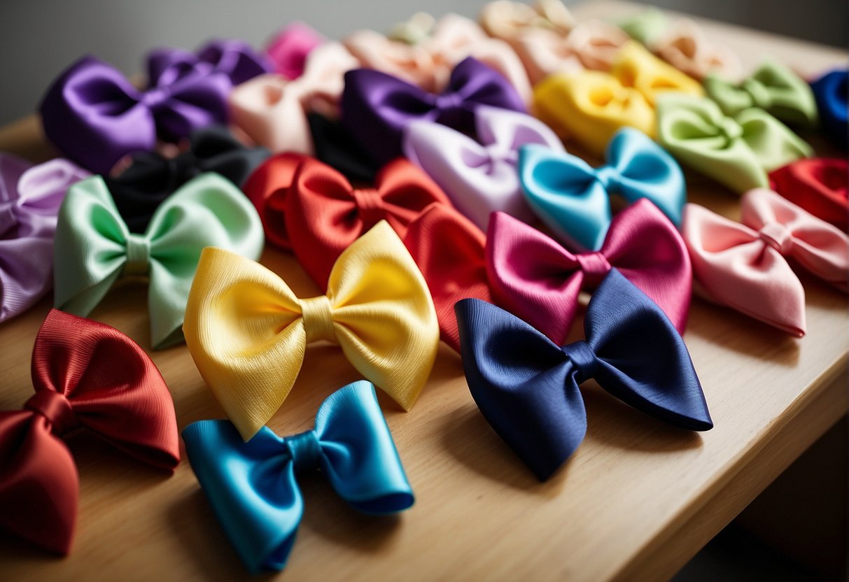 A collection of hair bows of varying sizes and colors arranged neatly on a table, with some bows placed on a mannequin head to show different placement options