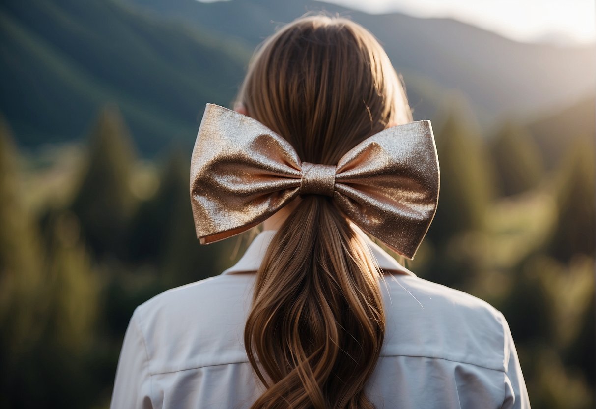 A hair bow is placed on a ponytail, centered at the back of the head, with the tails of the bow hanging down. The bow is medium-sized and secured with a clip