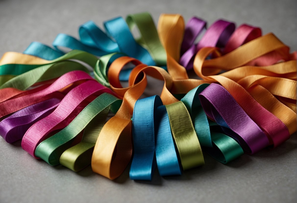 Various ribbons of different colors and textures arranged neatly on a table, with scissors, glue, and hair clips nearby