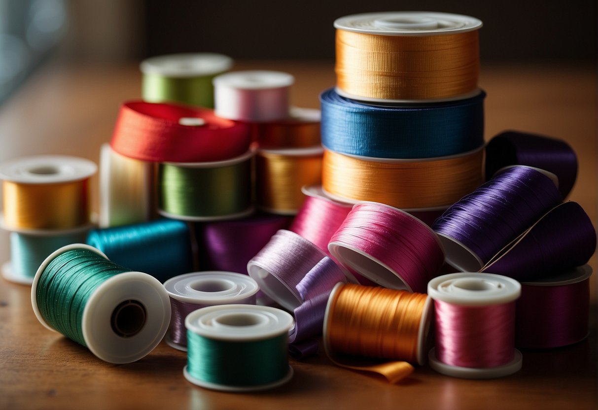 A variety of colorful ribbons arranged neatly on a table, with a pair of scissors and a spool of thread nearby