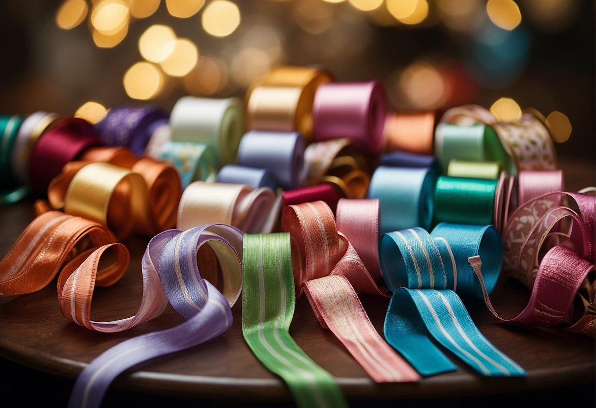 A table displays various ribbons in different colors and patterns, with a variety of hairbow styles and occasions depicted in the background