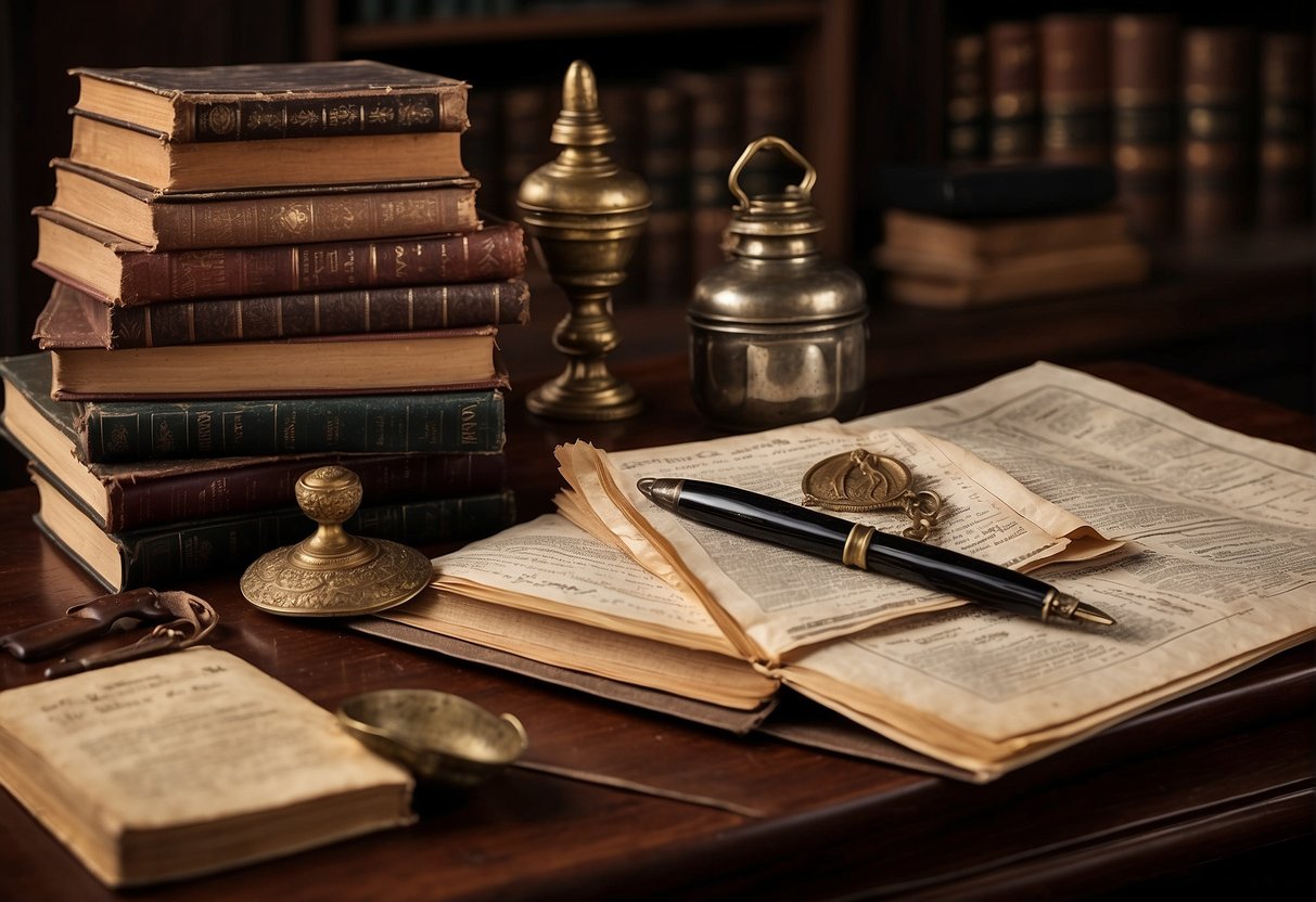 A table covered with old documents and books, a quill pen and inkwell, and a portrait of a woman with a ribbon in her hair