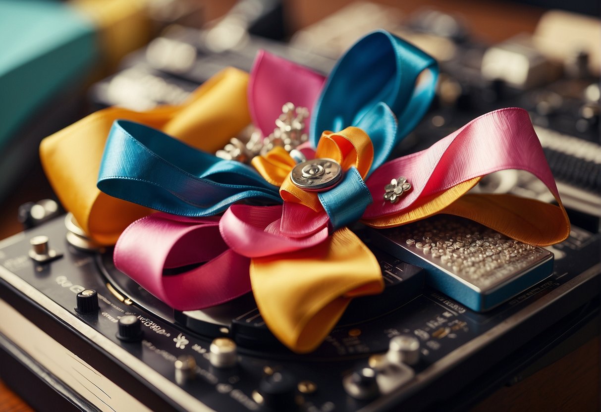 A colorful hair bow sits atop a stack of vintage music records, surrounded by iconic pop culture symbols like a retro microphone, a film reel, and a pair of sunglasses