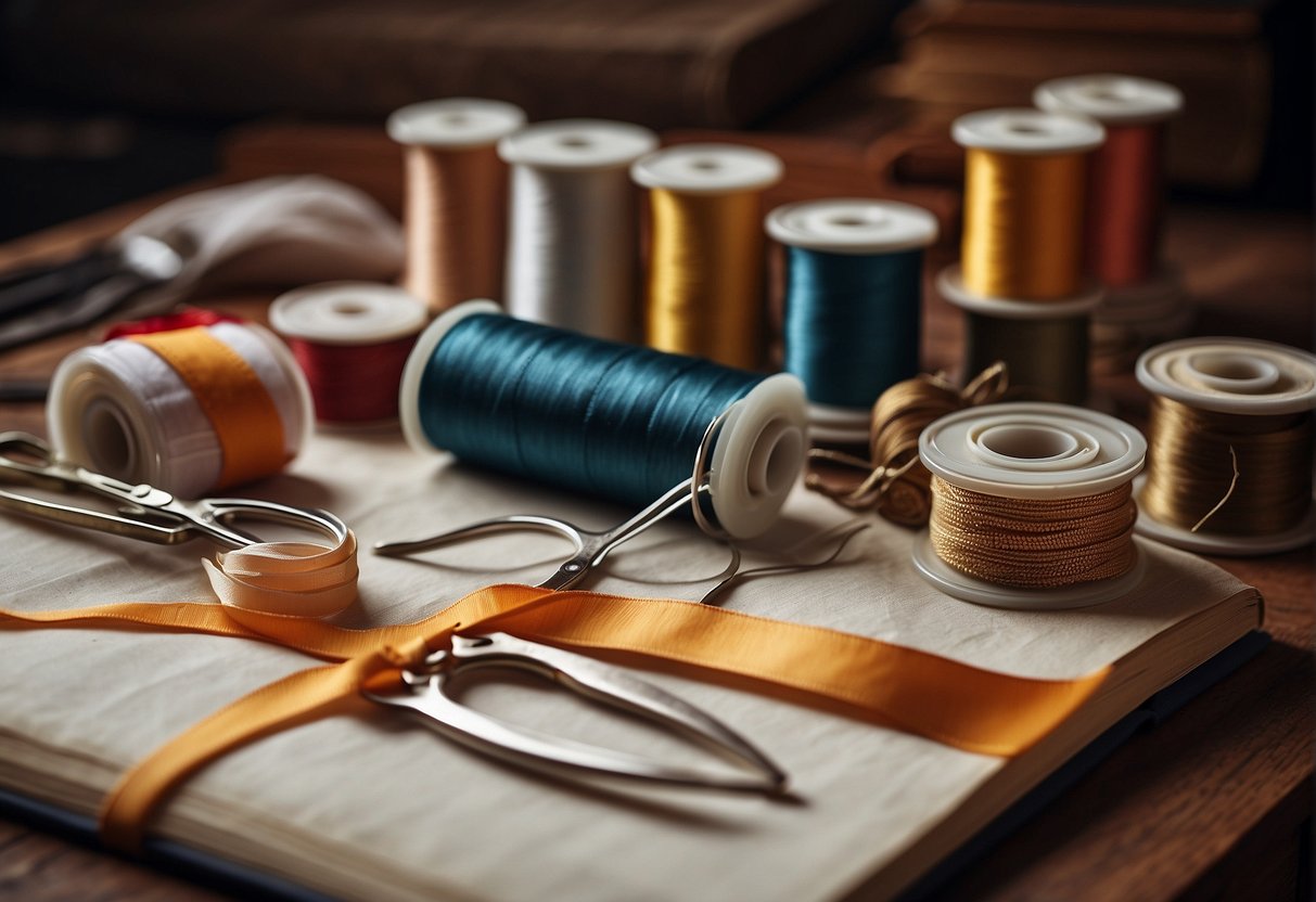 A table with various materials: ribbons, scissors, glue, and a sewing kit. A book on the history of fashion lies open next to a sketchpad